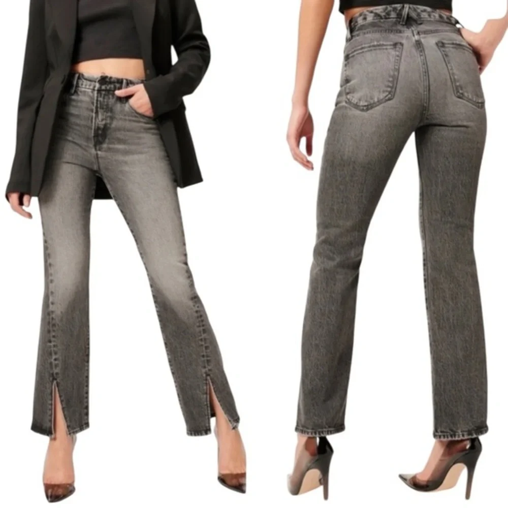 Good American Size 10/30 Curvy Twist Straight Leg Jeans Washed Black Split Hem‎